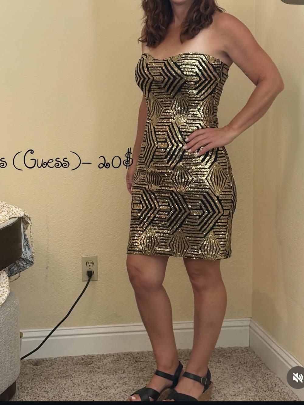 Guess Strapless Sequin Dress in Gold and Black